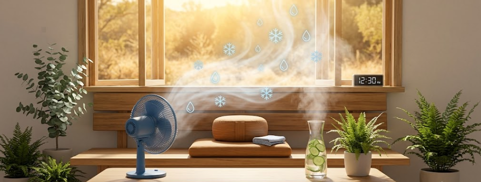 Sophrologue Sainte-Baume - Canicule et sophrologie : ventilateur sur une table devant une fenêtre ouverte, paysage naturel pour se rafraîchir l'esprit et le corps.