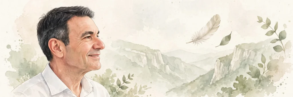 Illustration en aquarelle montrant un homme serein face à la nature, symbolisant la libération de la douleur et l'apaisement thérapeutique par la sophrologie face aux pathologies.