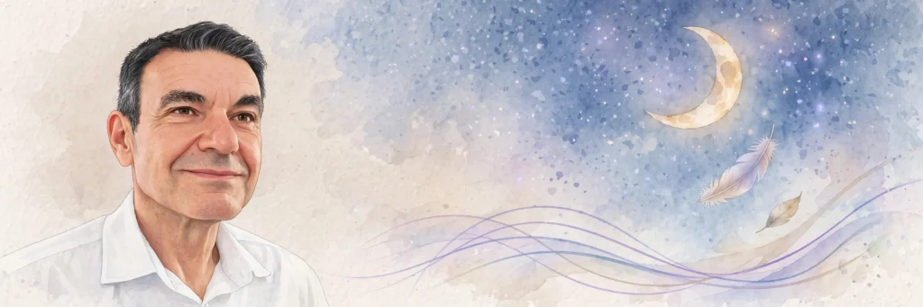 Illustration à l'aquarelle d'un homme apaisé devant un ciel étoilé avec une lune, symbolisant la méthode SophroHarmonie pour retrouver un sommeil réparateur et vaincre l'insomnie.