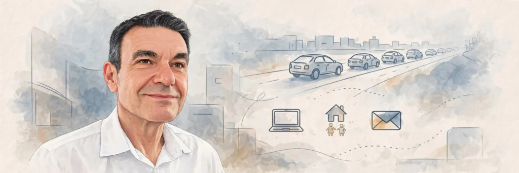 Illustration à l'aquarelle d'un homme serein face à des symboles de stress quotidien (embouteillages, travail sur ordinateur, e-mails, charge mentale familiale), représentant l'accompagnement SophroHarmonie pour la gestion du stress.