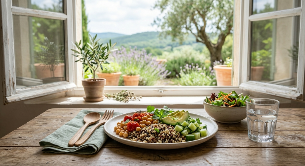 Assiette de sophro-nutrition saine sur une table en bois devant une fenêtre ouverte donnant sur la nature de la Sainte-Baume.