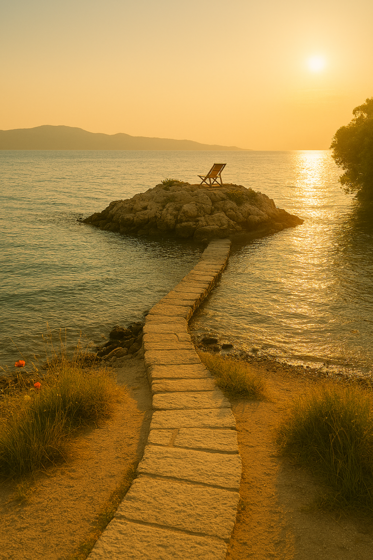 Chaise longue isolée sur un îlot en pierre au coucher du soleil pour illustrer l'art de ralentir en juillet.