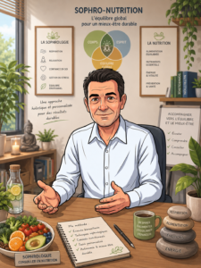 Coach en nutrition et sophrologue à son bureau avec des conseils pour un équilibre alimentaire sain.
