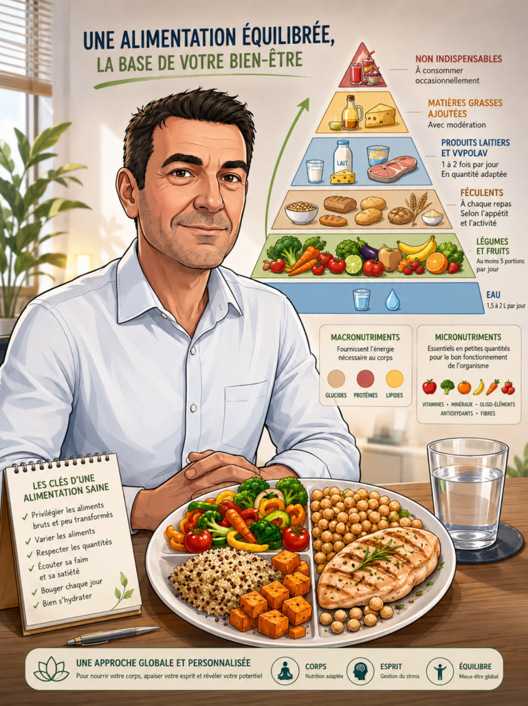 Conseiller en nutrition expliquant l'équilibre alimentaire avec la pyramide officielle