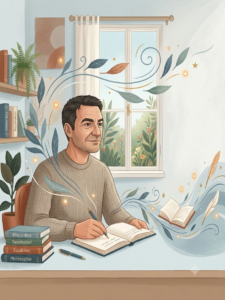 Illustration d'un homme écrivant dans son bureau, thématique sophrologie et mieux-être par Christophe