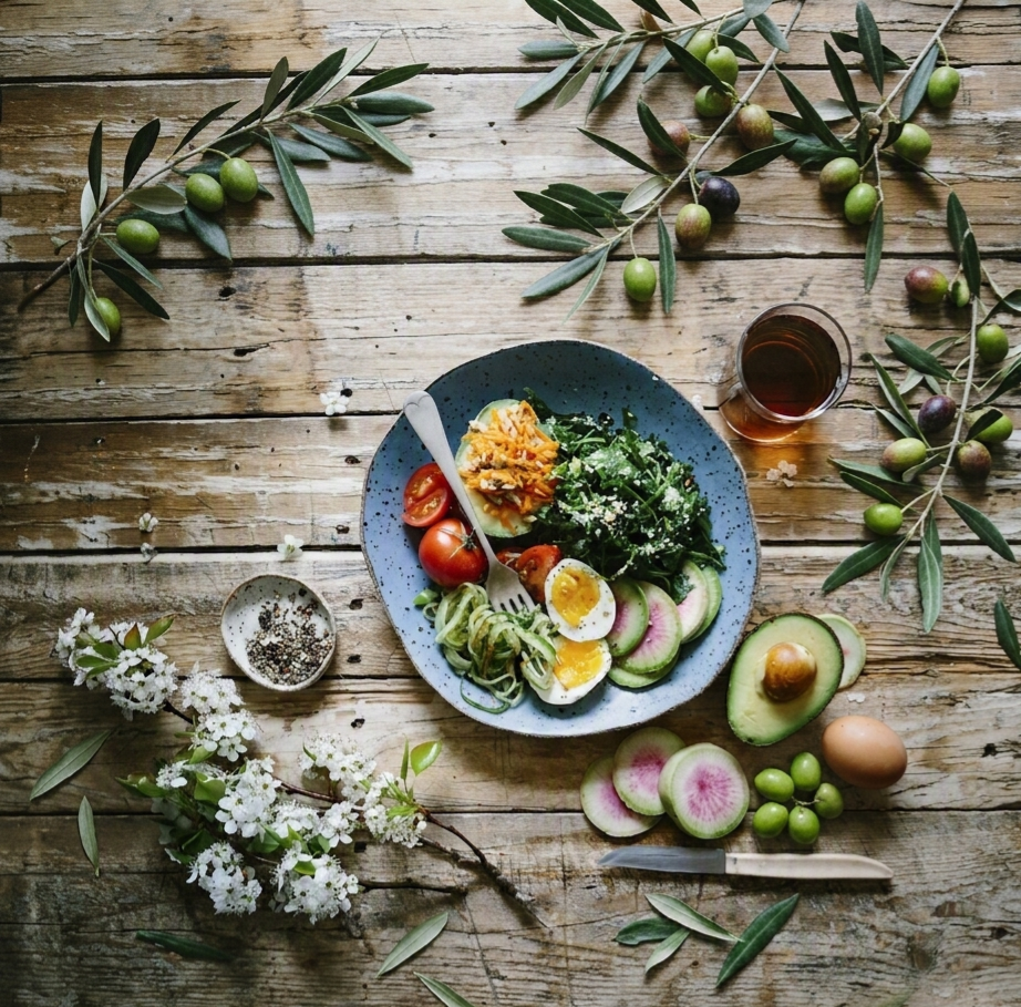 Assiette saine et branches d'olivier pour une séance de sophro-nutrition à Saint-Zacharie