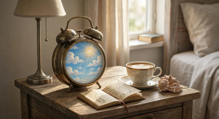 Réveil vintage de style vintage affichant un ciel bleu ensoleillé avec des nuages, posé sur une table de nuit en bois rustique à côté d'une tasse de café au lait d'art, d'un journal intime ouvert avec de l'écriture manuscrite et d'un coquillage, baigné dans la lumière naturelle.