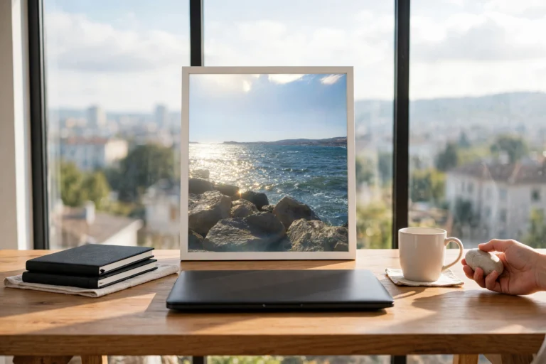 Bureau de travail épuré avec un ordinateur et un cadre photo de la mer, illustrant comment apprendre à ralentir au quotidien grâce à la sophrologie.