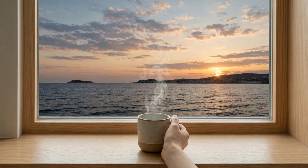 Main tenant une tasse de café chaude face à une fenêtre ouverte sur un coucher de soleil sur la mer, pour apprendre à ralentir au quotidien.