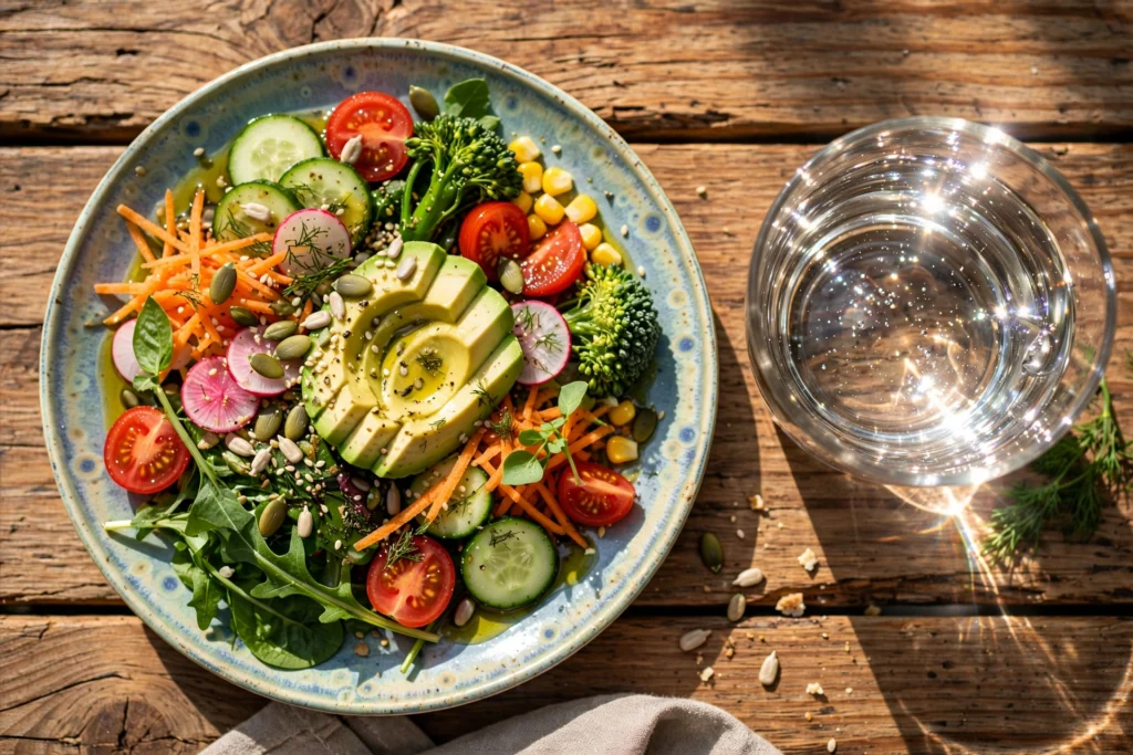 Assiette de salade colorée avec avocat, tomates cerises, concombre, graines de courge et un grand verre d'eau sous le soleil sur une table en bois.