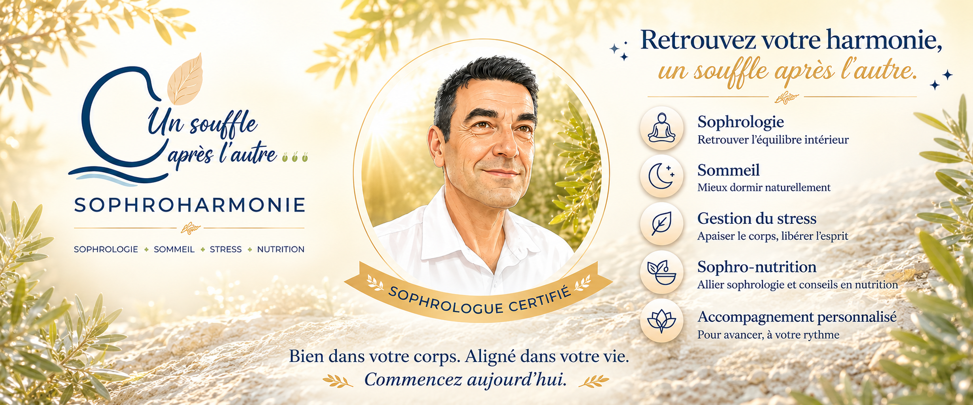 Bannière d'accueil de SophroHarmonie présentant Christophe Gros, sophrologue certifié. Accompagnement thérapeutique personnalisé à domicile et en visio pour le sommeil, la gestion du stress et la sophro-nutrition