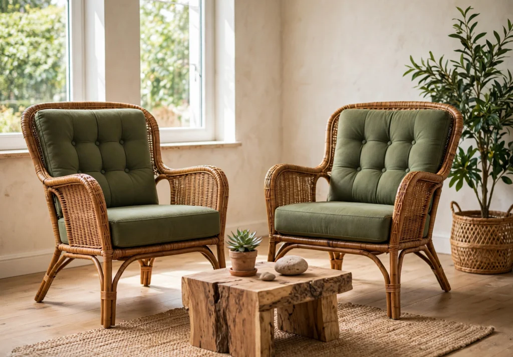 Cabinet de sophrologie et de conseil en nutrition chaleureux avec deux fauteuils en rotin vert olive et une table basse en bois brut.