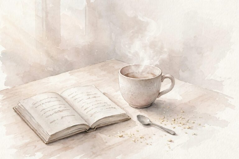 Aquarelle en plongée légère d'une table en bois clair baignée d'une douce lumière matinale, avec une seule tasse fumante, un livre ouvert, une petite cuillère et des miettes de pain, évoquant la solitude paisible.