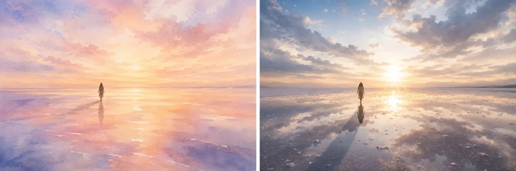 Diptyque panoramique (aquarelle et photographie) d'une silhouette marchant seule de dos sur une plage de sable mouillé ou un désert de sel reflétant un ciel de coucher de soleil immense, illustrant l'ancrage et la plénitude en sophrologie.