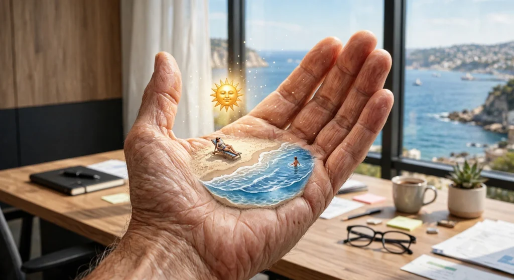 Une main géante d'adulte tenant une scène de plage miniature dans sa paume, avec une femme sur une chaise longue et une personne nageant. En arrière-plan, un bureau de direction moderne avec une vue sur la mer.