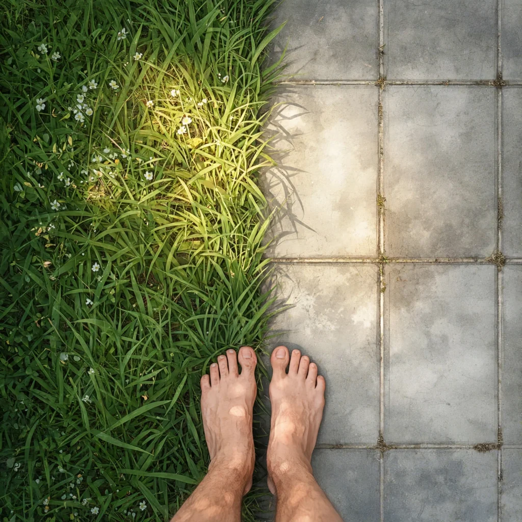 Vue subjective de pieds nus posés à la frontière entre une pelouse d'herbe verte sauvage et des dalles en pierre grises et lisses, sous une lumière ensoleillée.