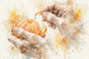 Aquarelle en gros plan de deux mains mûres pelant une orange, capturant une goutte d'huile essentielle qui perle d'un morceau de zeste, pour illustrer l'exercice de pleine présence et d'ancrage sensoriel en sophrologie.