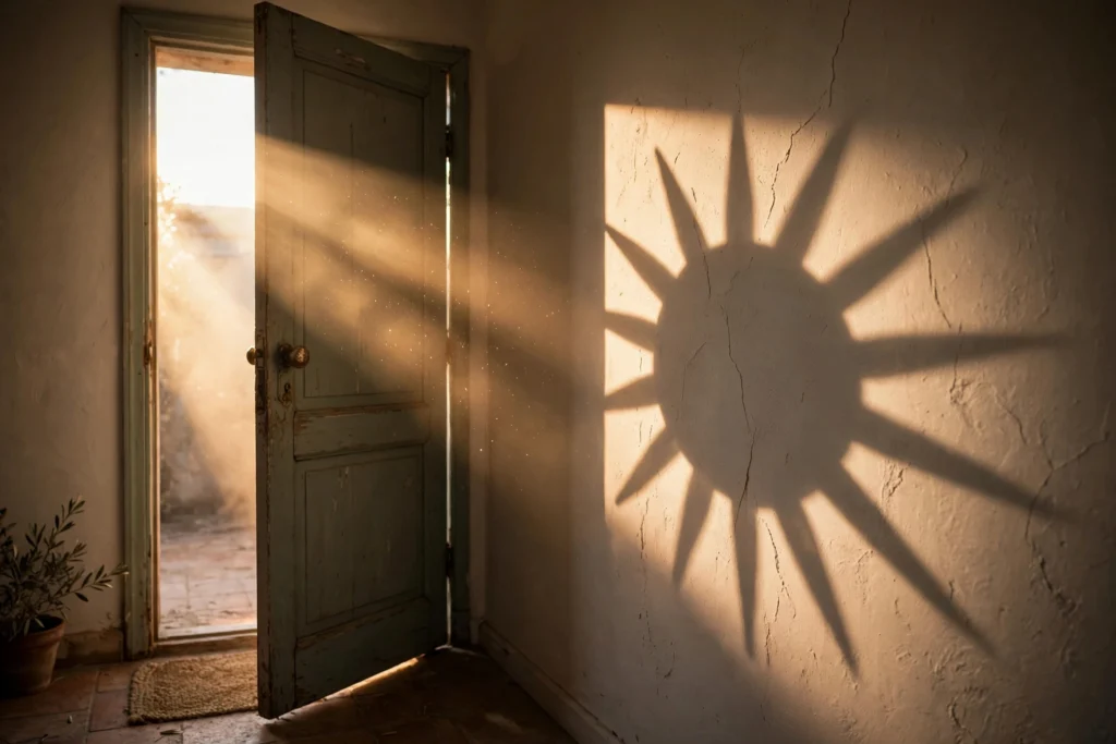 Rayons de soleil dorés traversant une porte en bois entrouverte dans une pièce rustique, projetant l'ombre d'un grand soleil à multiples rayons sur un mur texturé beige.