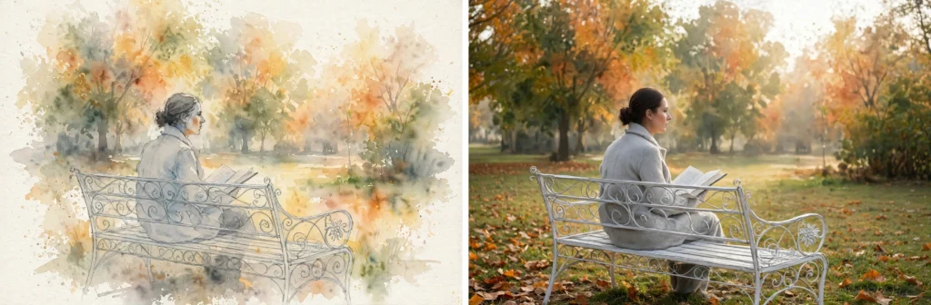 Diptyque artistique (aquarelle et photographie) montrant une personne assise de profil sur un banc en fer forgé blanc dans un parc en automne, un livre ouvert sur les genoux, le regard tourné au loin, illustrant l'attente et l'espoir d'une rencontre en sophrologie.