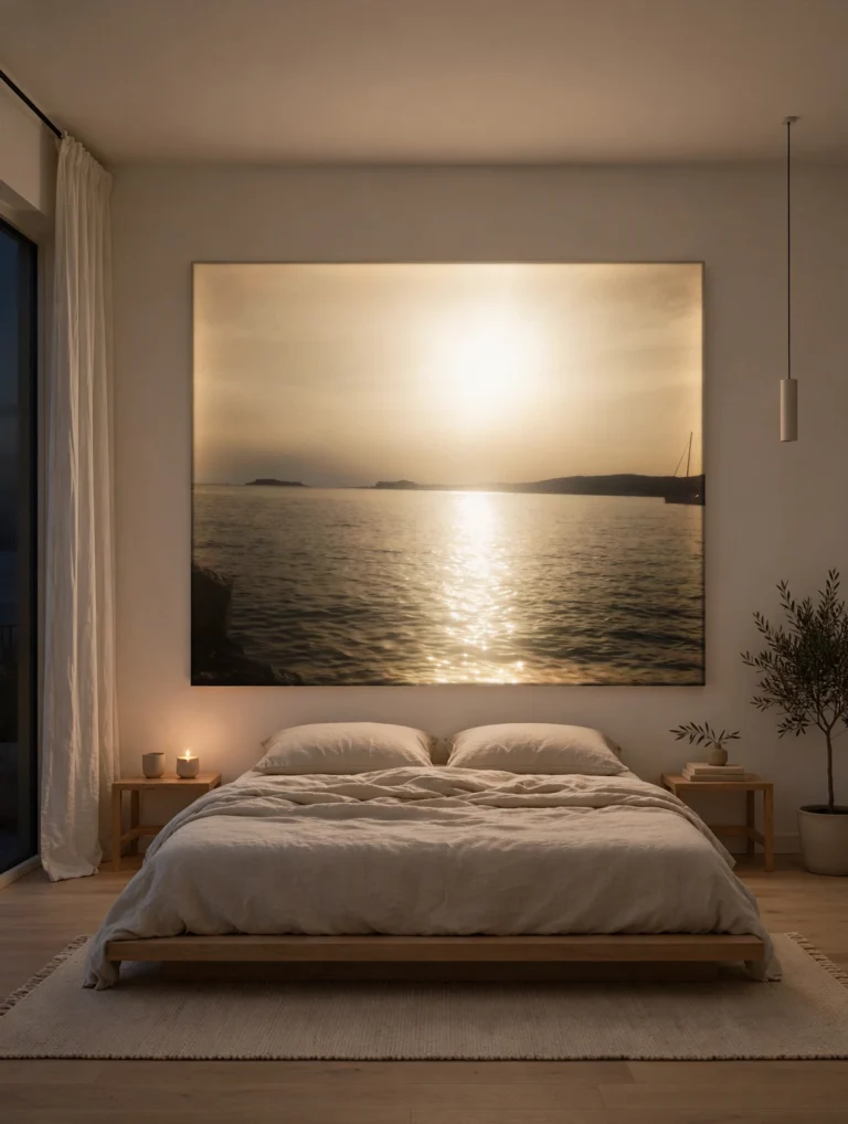 Chambre à coucher chaleureuse avec un grand tableau de coucher de soleil au-dessus du lit, illustrant un rituel du coucher en sophrologie pour retrouver un sommeil serein.