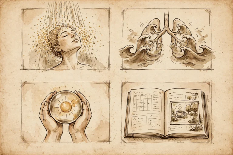Illustration vintage de style sépia montrant quatre rituels de sophrologie : une femme sous une douche consciente, des poumons en forme de vagues océaniques, des mains tenant un soleil lumineux, et un agenda ouvert illustrant une To-Be List.