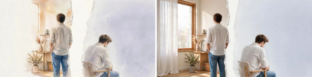 Composition visuelle montrant une personne de dos, debout avec dignité dans une pièce lumineuse (version aquarelle puis photo), contrastant avec le même personne assise, les épaules affaissées dans un espace vide, illustrant le paradoxe du célibat et de la solitude choisie ou subie en sophrologie.