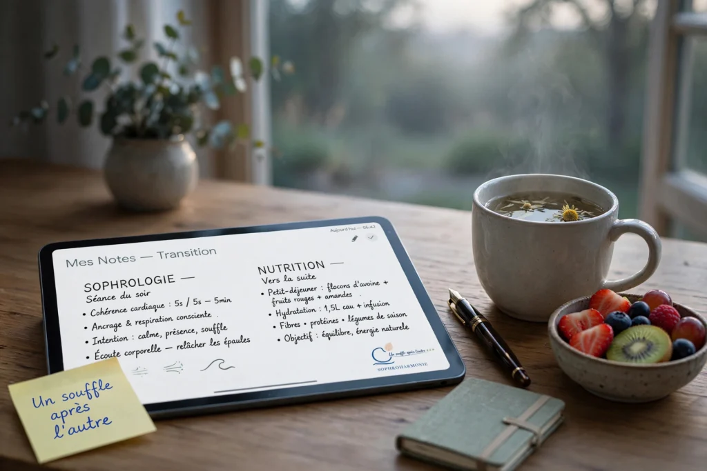 Tablette affichant des notes de sophrologie et nutrition à côté d'une tisane chaude et d'un bol de fruits frais sur un bureau en bois.