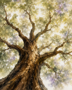 Aquarelle en contre-plongée d'un grand arbre au tronc robuste et ancré, dont les branches s'étirent et intègrent des symboles discrets (tasse, chien, livre), illustrant l'exercice sophrologique de la toile affective idéale.