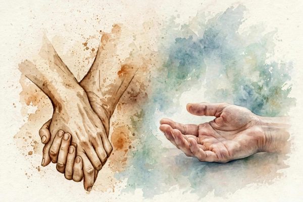 Aquarelle montrant deux mains enlacées dans des tons sépia à gauche et une main paume ouverte dans une lumière fraîche et bleutée à droite, illustrant le contraste entre les souvenirs passés et le présent en sophrologie.