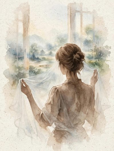 Aquarelle d'une silhouette de dos tenant un voile fin et transparent devant elle, face à une fenêtre ouverte sur un paysage doux et lumineux, symbolisant les filtres de protection invisibles en sophrologie.